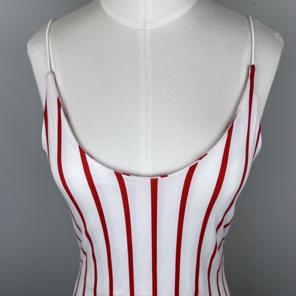 ON THRED UP - Gaze Red&White Striped Bodysuit Tank Rope Strap Double Lining - Picture 4 of 15